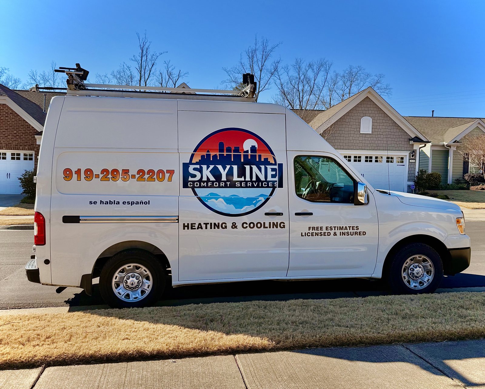 Skyline Comfort Services van for AC installation and replacement in Raleigh, NC.